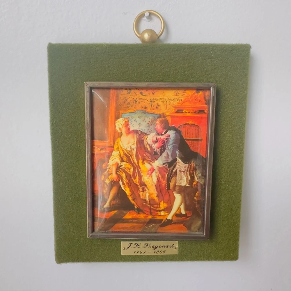 Vintage Framed Velvet Print Cameo 60-70's The Garter 5x6.5 See Story Description